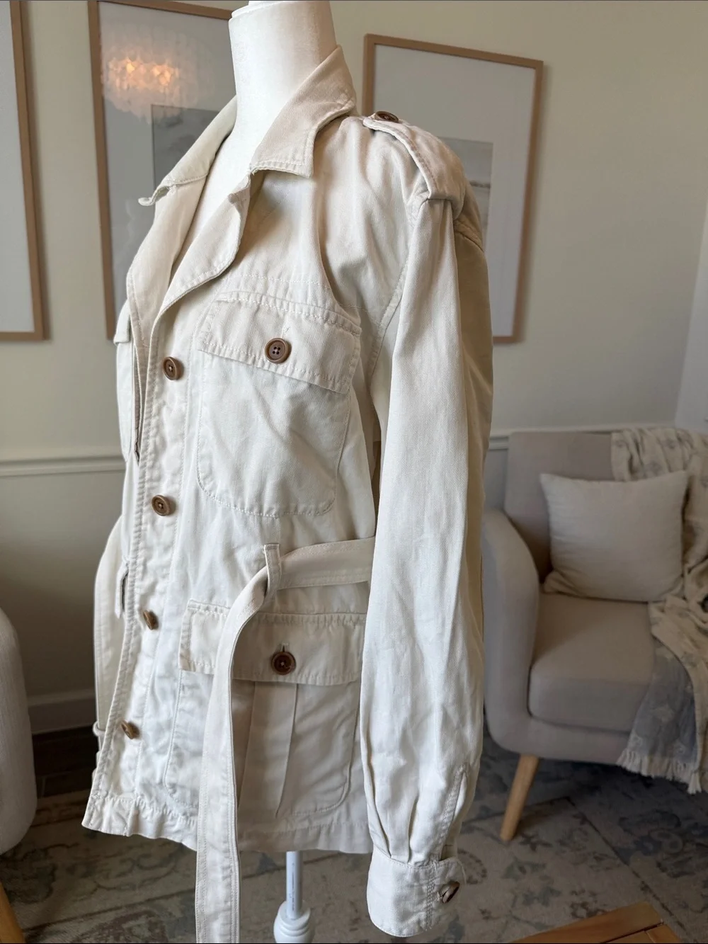 Banana Republic Heritage Linen Blend Safari Jacket Ivory Belted Utility Jacket